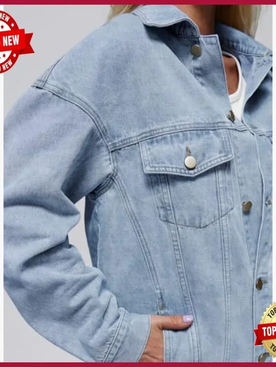 Oversized Denim Jacket, Boyfriend Fit, Cotton, Distressed Details, Chest Pockets - Picture 5 of 5